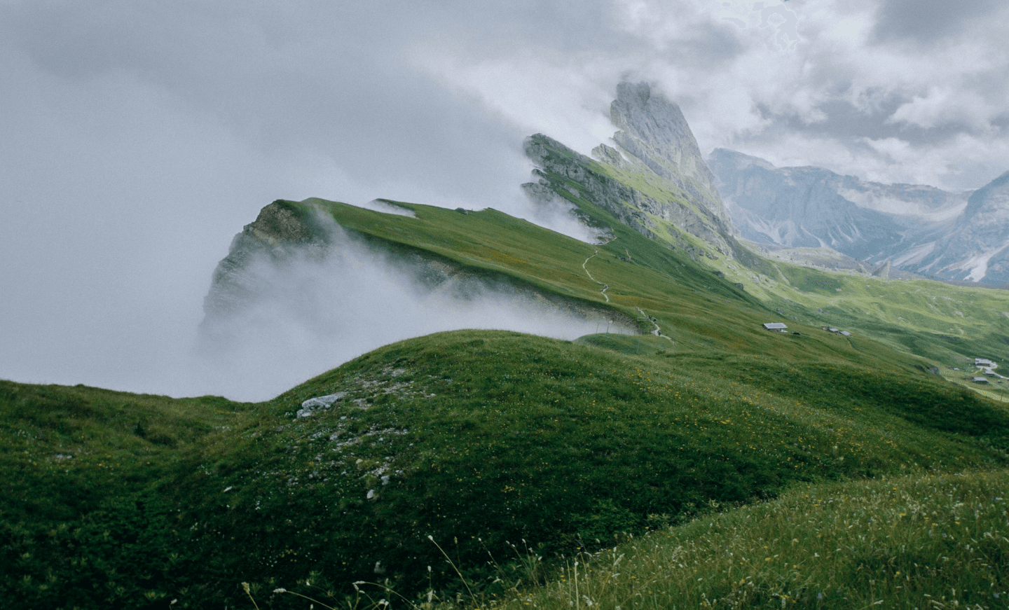 Mountain valley behind the product showcase